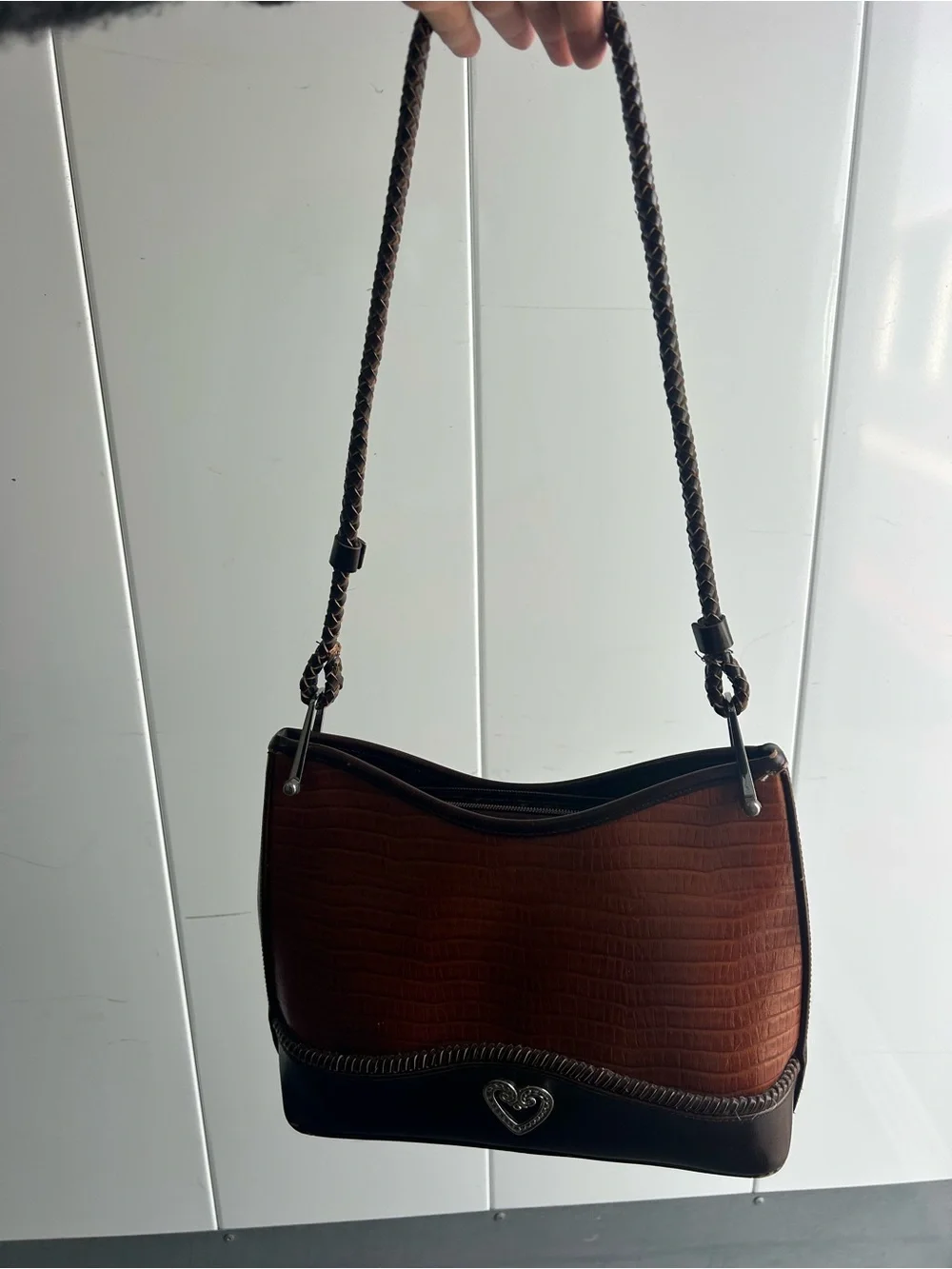 Vintage Textured Brown Leather Shoulder Bag with Heart Accent